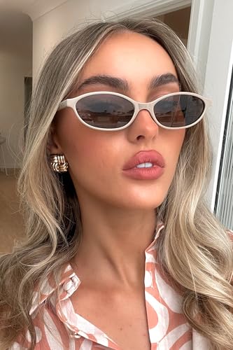 Image of GUVIVI Retro Oval Sunglasses for Women Chic Cat Eye 90s Sunnies Lightweight Narrow Shades Trendy UV protection Sun Glasses