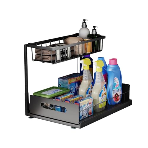 Under Sink Organizer, 2 Tier Under Sink Organizers and Storage Multi-Purpose Under Sink Storage for Bathroom Kitchen (Black)