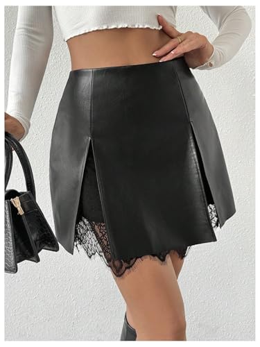 MakeMeChic Women's Faux PU Leather Skirt Floral Lace Split Hem Mini Skirts3