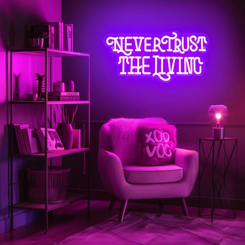 Image of Never Trust The Living Neon Sign Mysterious Purple LED Light for Room Wall Decor Halloween Party Chamber of Secrets Man Cave Room Gothic Letters Neon