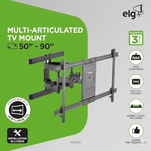 Image of ELG Full Motion TV Wall Mount for 50-90 inch TV,Holds up to 60Kgs,6-Way Swivel Tilt Cantilever| Boost Viewing with LED /LCD /Plasma|Sleek Modern Look! Fits 16 inch Wood Studs,VESA 800x400, A02V8N