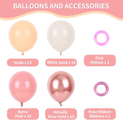 Image of RUBFAC 65pcs 12 Inches Retro Pink Balloons Metallic Blush Rose Gold White Sand Nude Party Balloons with Ribbons for Birthday, Wedding, Baby Shower, Graduation Decorations