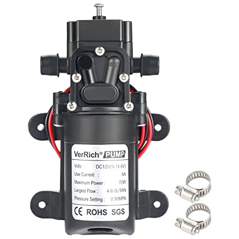 VerRich Diaphragm Pump 12V Water Pumps 70W Sprayer Pump Without Pressure Switch 6 L/Min 0.9MPA 131 PSI for RV Camper Marine Boat Garden Cover