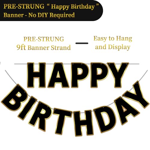 Image of Pre-Strung Happy Birthday Banner - Black Gold Party Decorations
