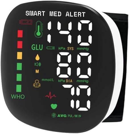 Smart Med Alert Blood Pressure Monitor, Rechargeable Wrist Digital BP Machine with Adjustable Cuff, Memory Storage for 2 Users, LCD Display, Ideal for Home Use, Carrying Case