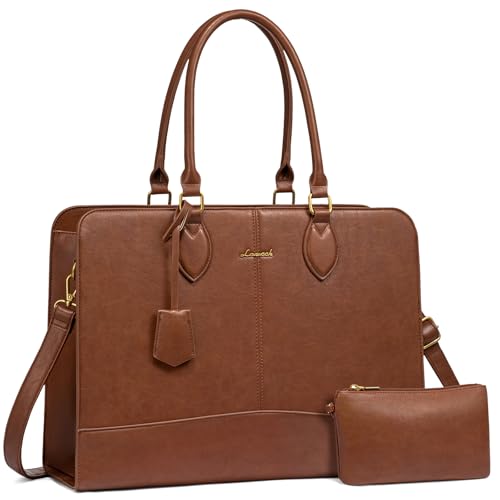 LOVEVOOK Laptop Tote Bag for Women, 15.6 inch Vintage Leather Work Purse for Teachers, Computer Briefcase for Business, Large Waterproof Messenger Handbag Professional Satchel Case for Office, Brown