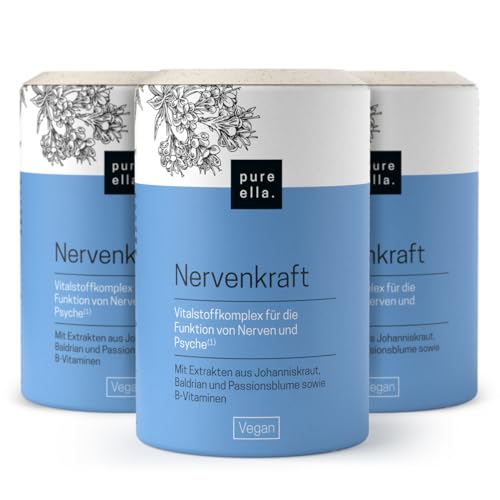 Pure Ella NERVENKRAFT – Hochdosiert, 180 Vegane Kapseln - Baldrian Passionsblume Johanniskraut Kapseln - Vitamin B1 und Niacin für Nerven & Psyche - Laborgeprüft in Deutschland
