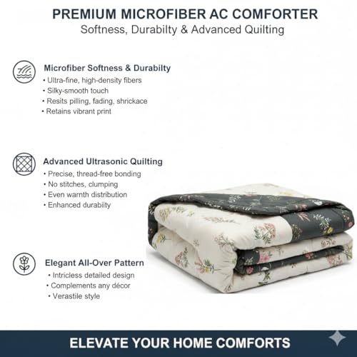 Image of IVAZA Luxury Ultrasonic Punch AC Comforter Blanket - Quilted Microfiber Floral Pattern, Lightweight Breathable All‑Season Blanket for Bedroom, Travel (Singled Bed,228x152 CM) (Cream Black
