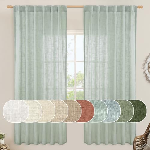 LAMIT Light Sage Linen Curtains 72 inch Length for Bedroom, Faux Linen Textured Light Filtering Drapes Back Tab and Rod Pocket Boho Panels for Farmhouse/Living Room, 2 Panels, 52 x 72 Inch
