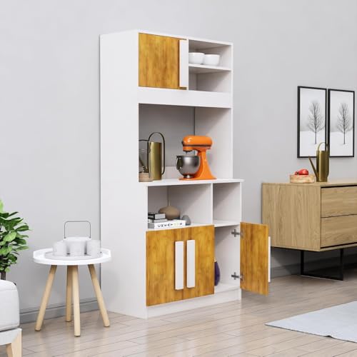 Image of Bniture Multipurpose Kitchen Cabinet | Engineered Wood Crockery Cabinet Modern with 4 Doors & Shelves | Crockery Unit for Dining Area | Kitchen Crockery Cabinet for Home | Frosty White & Giant Wood