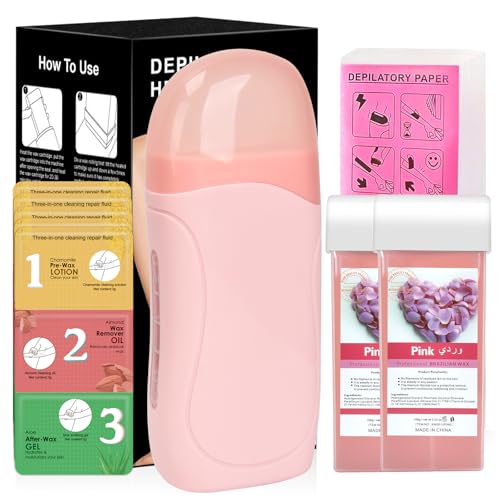 Waxing Kit Roll on Wax Warmer Kit for Women & Men Sensitive Skin Include 2 Rose Wax Cartridge 100 Wax Strips 10 Wipes