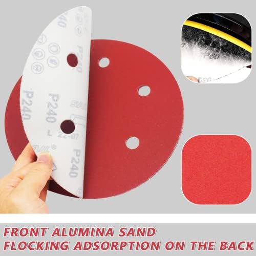 FEIHU Hook and Loop Discs Punched, 225mm Sanding disc | Grit 10X P40/60/100/120/180/240 | 6 Holes in red Sandpaper Set| for Long-Neck Sanders Drywall Sander 60 Pcs
