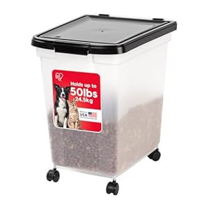 IRIS USA WeatherPro Airtight Dog Food Storage Container, Up to 50 lbs, Removable Wheels, for Dog Cat Bird and other Pet Food Storage Bin, Keep Fresh, Translucent Body, Easy Mobility, Clear/Black
