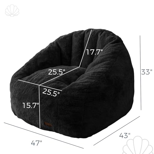 Image of MAXYOYO Giant Bean Bag Chair, Oversized Bean Bag Couch for Adults and Kids, Faux Fur Shell-Shaped Large Chair with Filler, Stuffed Big Accent Sofa Lounge Floor Sofa for Gaming, Reading, Black