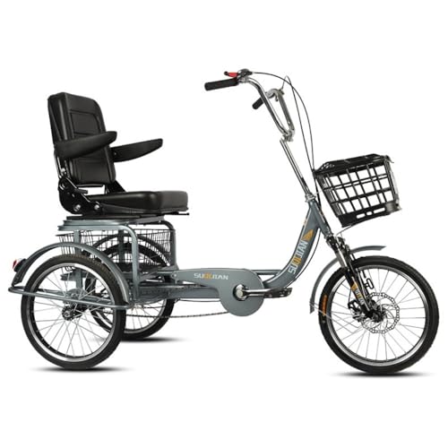 SOLLENTろうねんじんりょく三輪車 大人用 お年寄り向け レディース メンズ 三輪自転車 1速 18インチ 三輪 自転車 付き サスペンションフォーク付き リクリエーション/ショッピング/ピクニック/エクササイズ/メンズ/レディースバイクに (グレー