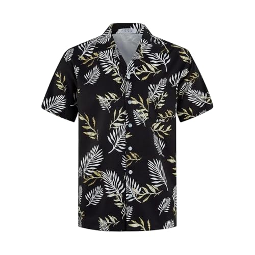 BIBOKAOKE Camisa holgada para hombre con estampado floral de helecho y tira de botones continua. Camisa de manga corta en estilo botánico para bar en la playa y fiestas de verano, vacacionistas y