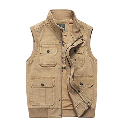 Zichhing Mens Vests Sleeveless Jacket Cotton Casual Multi Pocket Vest Male Waistcoat Coat Khaki M