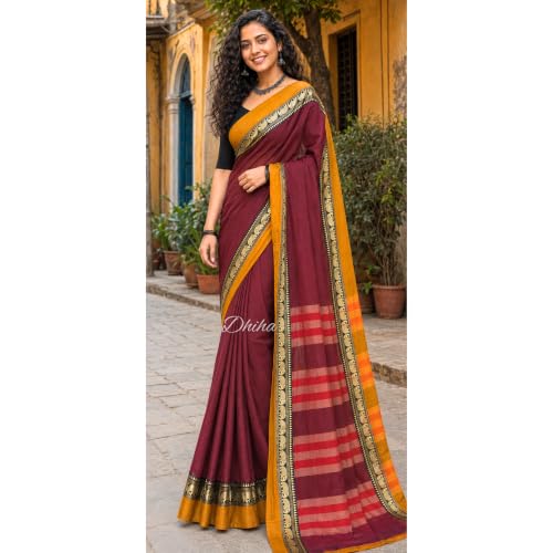 Image of Narayanpet Pure Cotton Avani Border Saree for Women with Running Blouse | Tassels | Traditional Woven Solid Design | Handloom Weave
