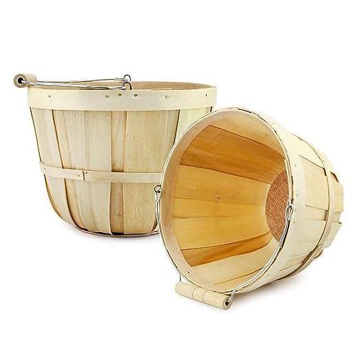 Cornucopia Brands Round Wooden Baskets (2-Pack, Natural); Wood Fruit Buckets with Handle, 4-Quart Capacity; 6.1 Inch Tall by 8 Inch Diameter