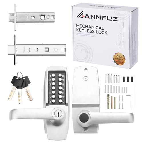 ANNFUZ New Mechanical Keyless Keypad Entry Door Hanle Lock with Key,No Electronic,Single-Side Push Button Combination Code Door Lever Set,Interior Hold-Opening,for Front Gate, Outdoor (Pearl Chrome)
