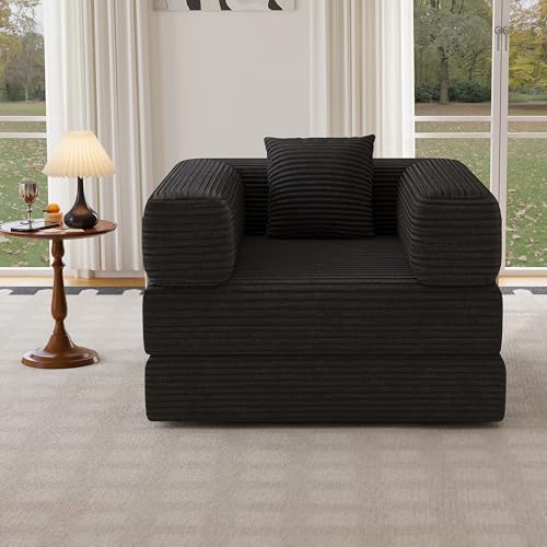 Single Couch Sofa for Small Spaces 2 in 1 Convertible Sleeper Sofa to Lounger Comfy Bean Bag Chair for Adults Removable Cover with Pillows for Bedroom, Apartment, Office, Black, 35.43" Single Sofa