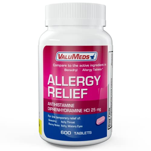 ValuMeds Allergy Medicine (600 Tablets) Antihistamine, Diphenhydramine HCl 25 mg | Children and Adults | Relieve Itchy Eyes, Runny Nose, Sneezing
