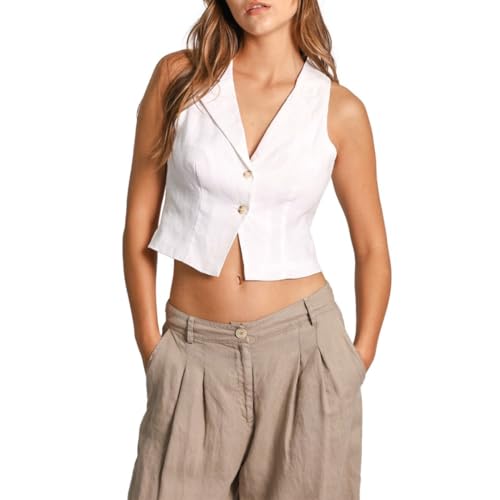 Amazhiyu Womens 100% Linen Summer Button Up Crop Top Lapel Waistcoat Vest Casual White, Small