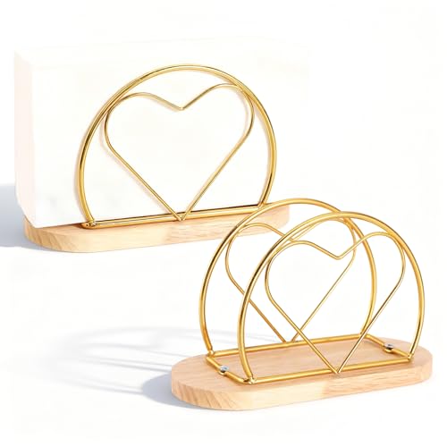 2 Stück Serviettenhalter Gold Metal Serviettenständer Herzform Serviettenspender Servietten Halterun mit Holzsockel für Tische Essen Küche Restaurant Hotels15.7 x 10 x 6.7 cm