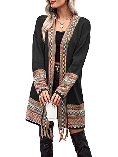 Makemechic Women's Boho Geo Pattern Long Sleeve Open Front Fringe Tassel Cardigan Sweater Black S #TOP25