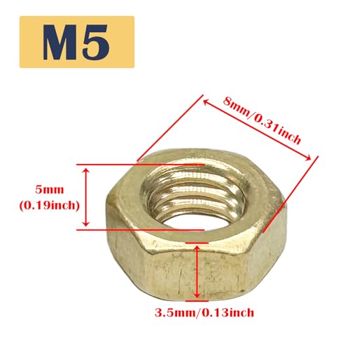 Image of M5 Brass Hex Nuts,Metric Solid Brass Internal Threaded Hexagon Hardware Machine Brass Hex Nuts(50Pcs)