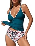 ZAFUL Tankini Swimsuits Tops for Women V Neck Push Up Two Piece High Waisted Swimwear Color Block Tankini Swimsuit Womens Beach Holiday (Blue Bloom L)