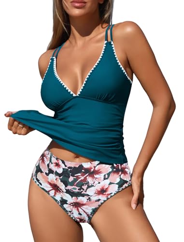 ZAFUL Swimsuits for Women 2026 Tankini V Neck Push Up Two Piece High Waisted Swimwear Color Block Tankini Swimsuit Bathing Suit with Bottoms (Blue Bloom S)