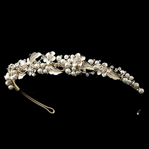 Leighton Light Gold Ivory Pearl & Rhinestone Floral Side Wedding Bridal Tiara Headpiece