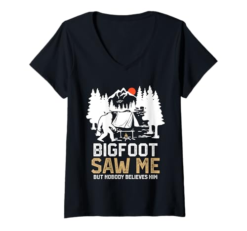 Donna Bigfoot Saw Me But Nobody Believes Him Funny Bigfoot Camping Maglietta con Collo a V