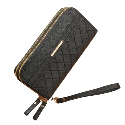 Mothers Day Gifts,Wallet Women,Trendy Solid Color Long Wallet, Double Zippers Clutch Coin Purse, Women'S Faux Leather Card Holder With Wristband (Black)