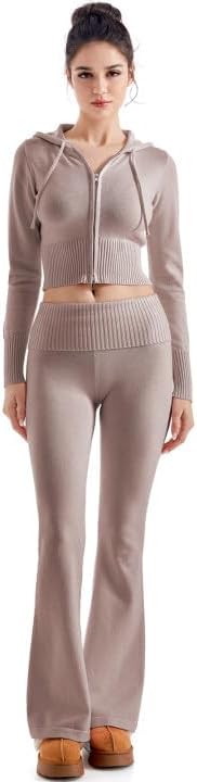 SUUKSESS Women 2 Piece Knit Sets Cropped Zip Up Hoodie Foldover Flare Leg Pants - Image 2