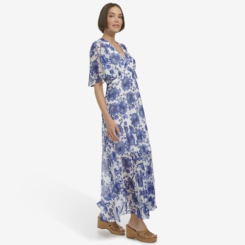 Image of Tommy Hilfiger Women's Elbow Sleeve V-Neck Empire Waist Chiffon Dress