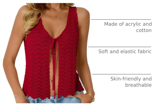 Image of LILLUSORY Crochet Tops for Women Summer Vacation Beach Outfits | Tie Front Going Out Tops, Beach Coverup, Breathable Hollow-out Knit, Perfect for Beach, Music Fest, Vacation