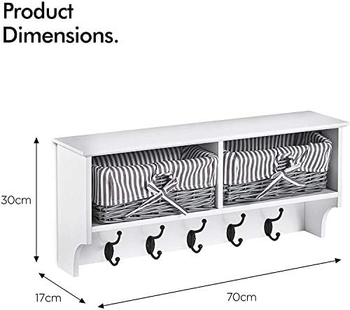 VonHaus Coat Hooks Wall Mounted - White Coat Rack Shelf w/ 2 Grey Wicker Storage Baskets & 5 Strong Double Coat Hooks - Hallway Organiser w/ Shelving for Hall & Entryway - for Coat's, Scarves, Bags