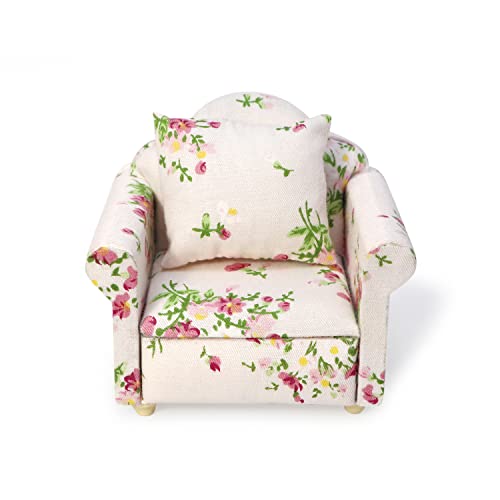 Dollhouse Couch with Pillow 1 12 Scale Miniature Sofa Arm Chair Living Room Furniture Wooden Fabric Frame Single Reading Chair Artificial House Room...