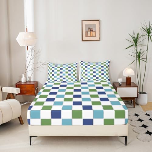 Image of Erosebridal Blue Green Checkered Sheet Set Full Navy Teal White Grids Plaid Bed Sheets Geometric Buffalo Gingham Bedding for Kids Boys Girls,Modern Fashion Bed Sheets Set 4 Piece