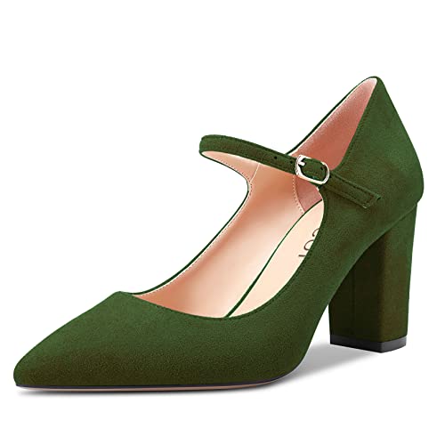 Aachcol Donna Mary Jane Pumps a Punta Cinturino alla Caviglia Chunky Blocco Medio Tacco Heel Dress Scarpe Scamosciato da Matrimonio Shopping Olivo Verde 8 CM 39 EU