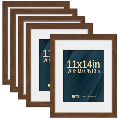 VCK 11x14 Picture Frame 5 Pack, Brown Wood, 8x10 Mat, Glass, for Print