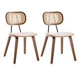 Ya Home Chaise de Salle à Manger Lot de 2 Vintage Chaise Cuisine avec Dossier en Rotin, Pieds en Bois, Fauteuil de Dîner Rétro pour Cuisine, Beige