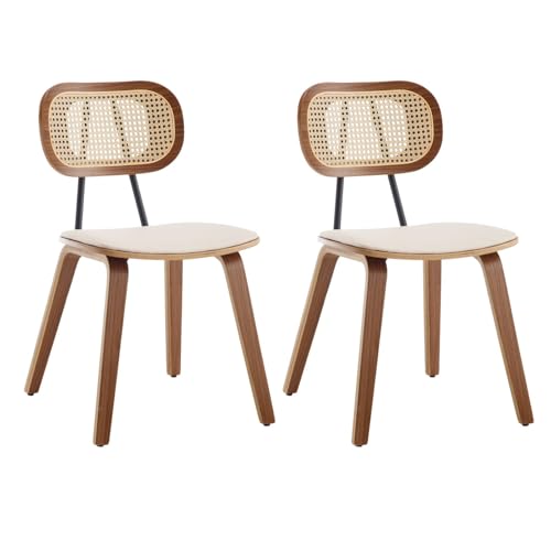 Ya-Home Chaise de Salle à Manger Lot de 2 Vintage Chaise Cuisine avec Dossier en Rotin, Pieds en Bois, Fauteuil de Dîner Rétro pour Cuisine, Beige