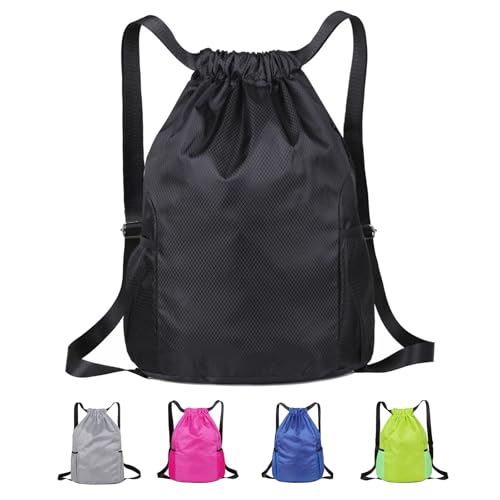 Toced Drawstring Swimming Bag Waterproof Swim PE Bag for Kids Oxford Fabric Large Sports Backpack String Gym Sack for School Travel Holidays Climbing Hiking(Black)
