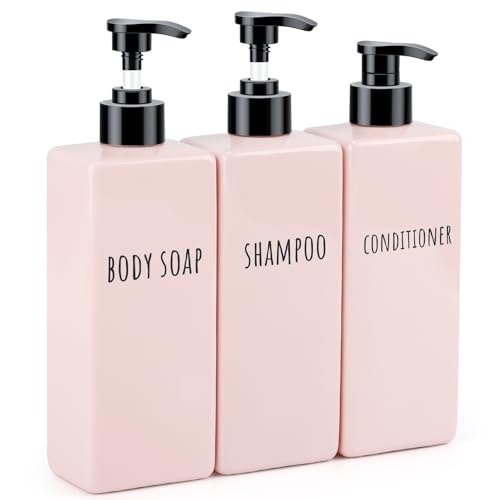 Image of Segbeauty Refillable Shampoo and Conditioner Bottles, 3pcs 16.9oz Square Plastic Bathroom Soap Dispenser Set, 500ml Empty Shower Bottles Lotion Dispenser Press Pump Bottle for Modern Home Decor Pink