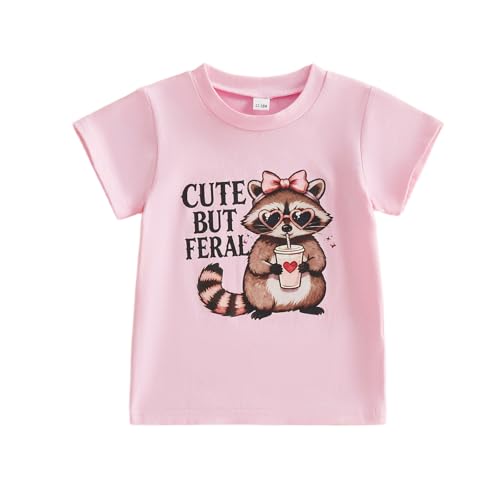 Toddler Baby Girl Summer Outfit Cute But Feral Raccoon Shirt Short Sleeve Tops T-Shirt Little Kids Casual Clothes (Color Pink 2-3 Years)