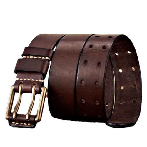 Men’S 3.8Cm Wide Retro Vintage Genuine Leather Belt Copper Double Needle Buckle Handmade Solid Casual Cowboy Jeans Strap