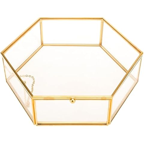 HighFree Glass Vintage Jewelry Display Box, Hexagon Golden Elegant Display Jewelry Organizer, Dustproof Keepsake Case Bracelet Ring Box for Storage Trinket, Ring, Earring (Large - 8.7x7.5x2.4inch) Cover